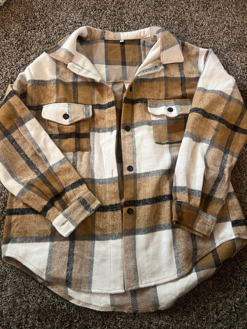 SHEIN Beige & White Plaid Shacket Jacket